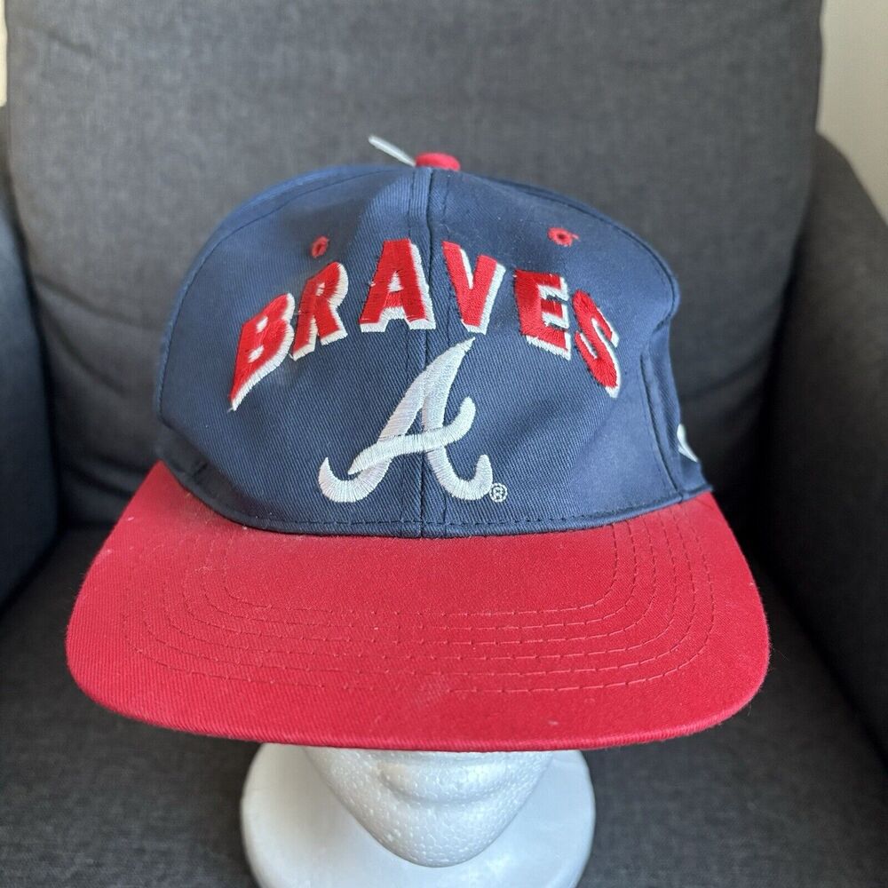 Atlanta Braves Two Tone‎ Hat Cap Script Spell Out A Logo Red Blue Genuine MLB